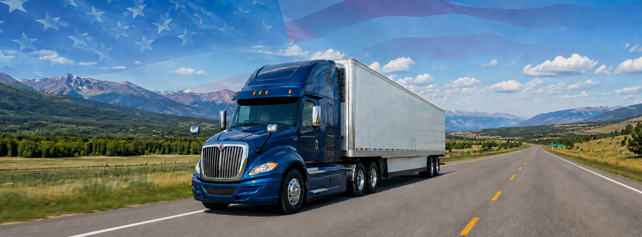 Blue semi-truck driving on highway